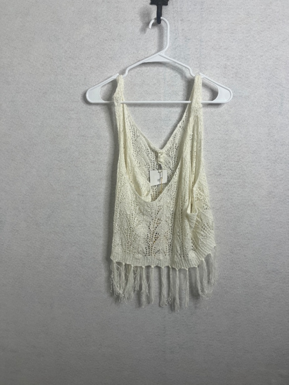 Elon Boho Crochet Fringe Tank Top Ivory Sleeveless Size Large NWT